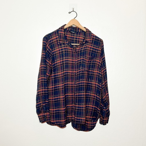 Lucky‎ Brand Long Sleeve Metallic Plaid Button Down Shirt Medium M - Picture 2 of 8